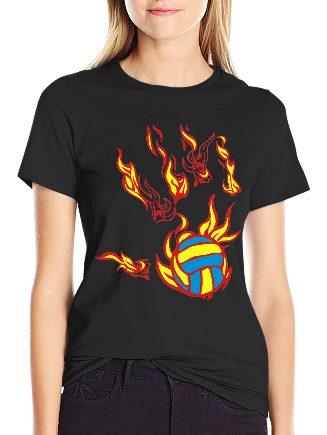 Fiery Volleyball Graphic Tee - Black Cotton Blend