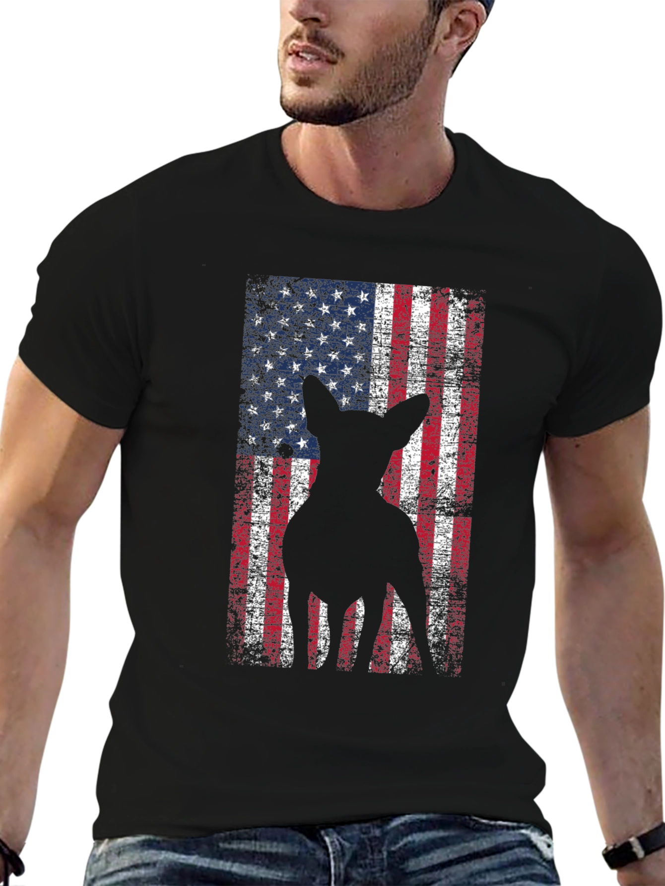 Patriotic Dog Graphic Tee - American Flag Design