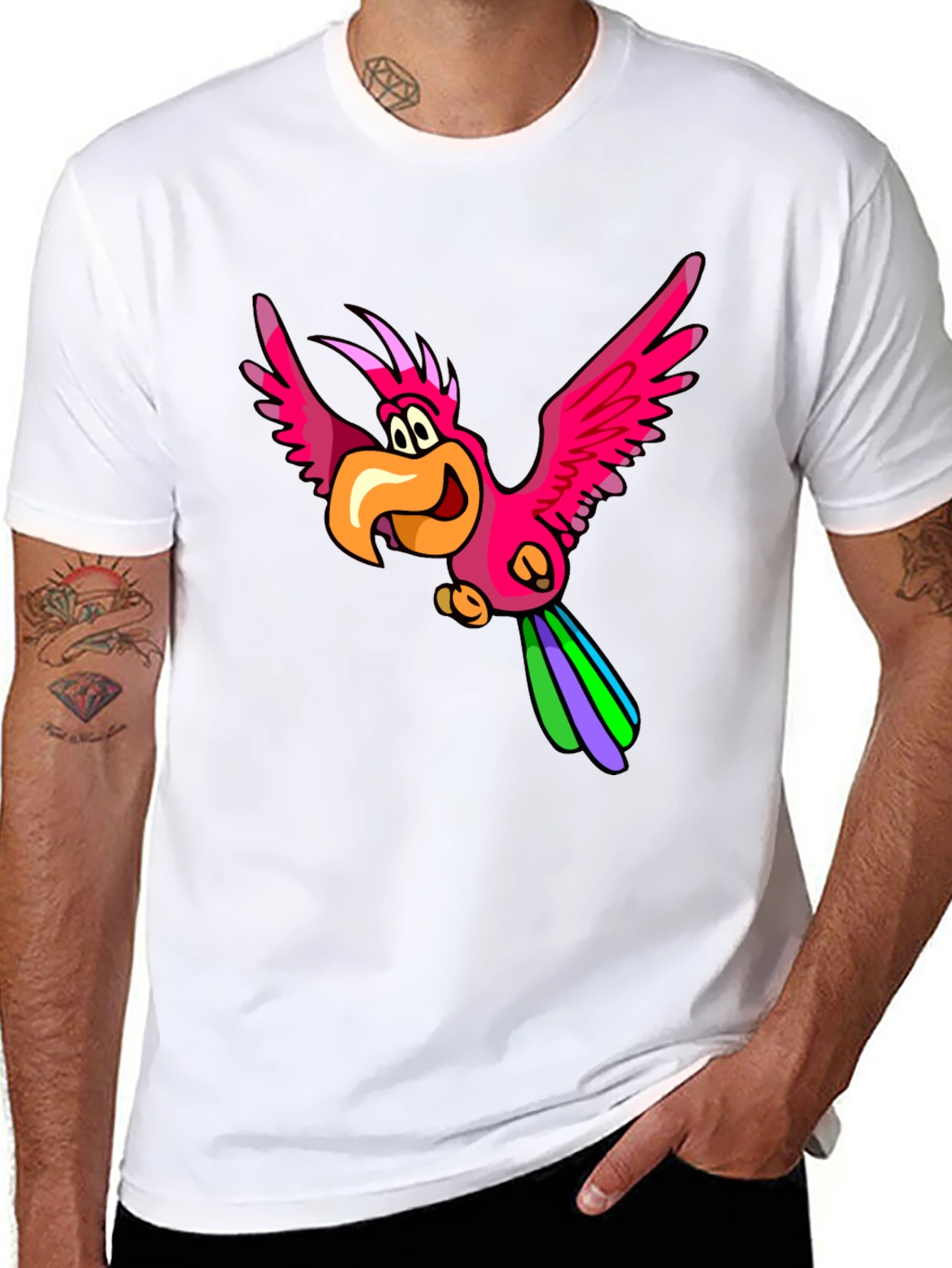 Cartoon Parrot Graphic T-Shirt - Black Cotton Tee