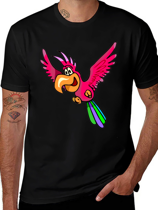 Cartoon Parrot Graphic T-Shirt - Black Cotton Tee