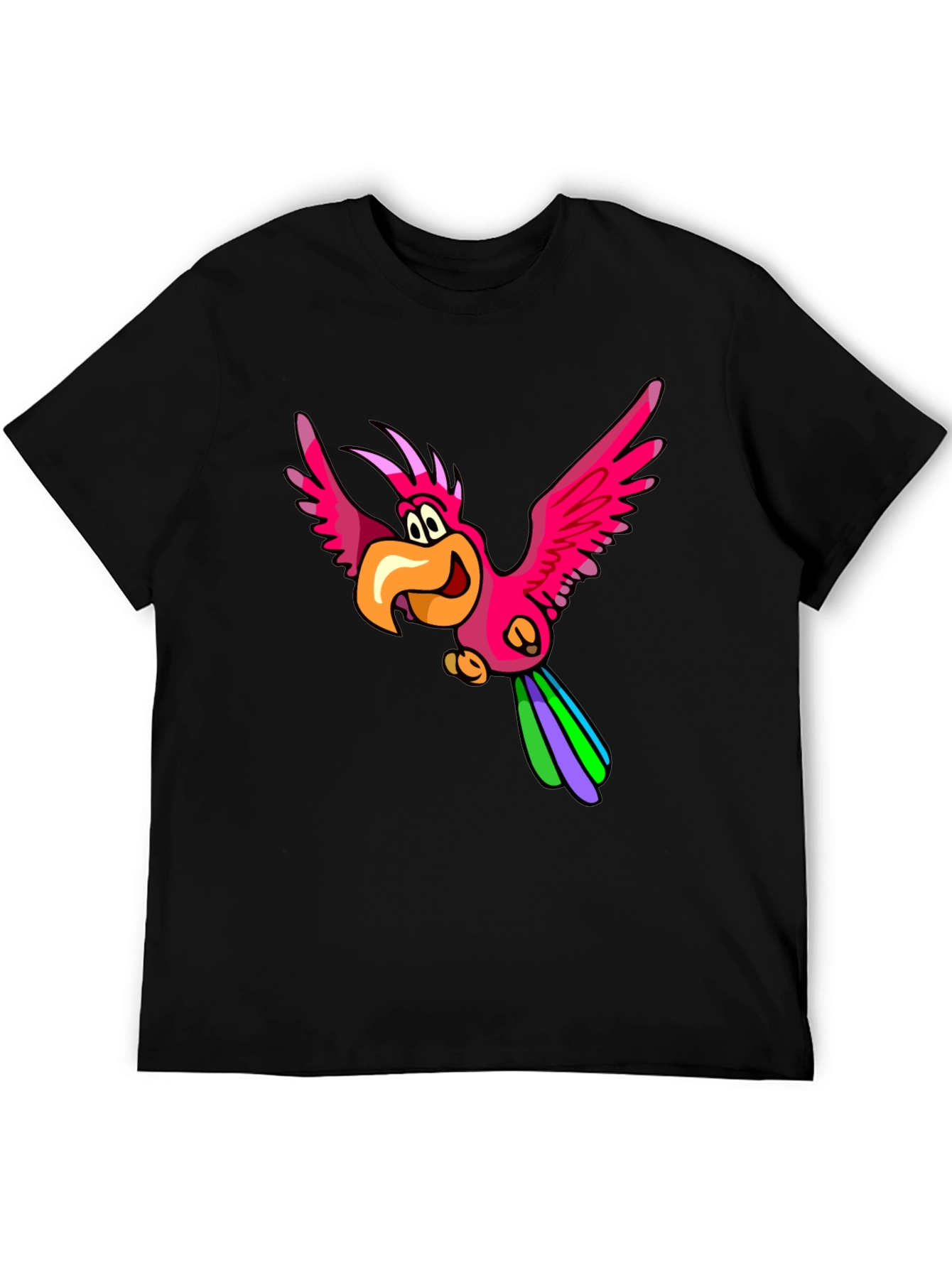 Cartoon Parrot Graphic T-Shirt - Black Cotton Tee