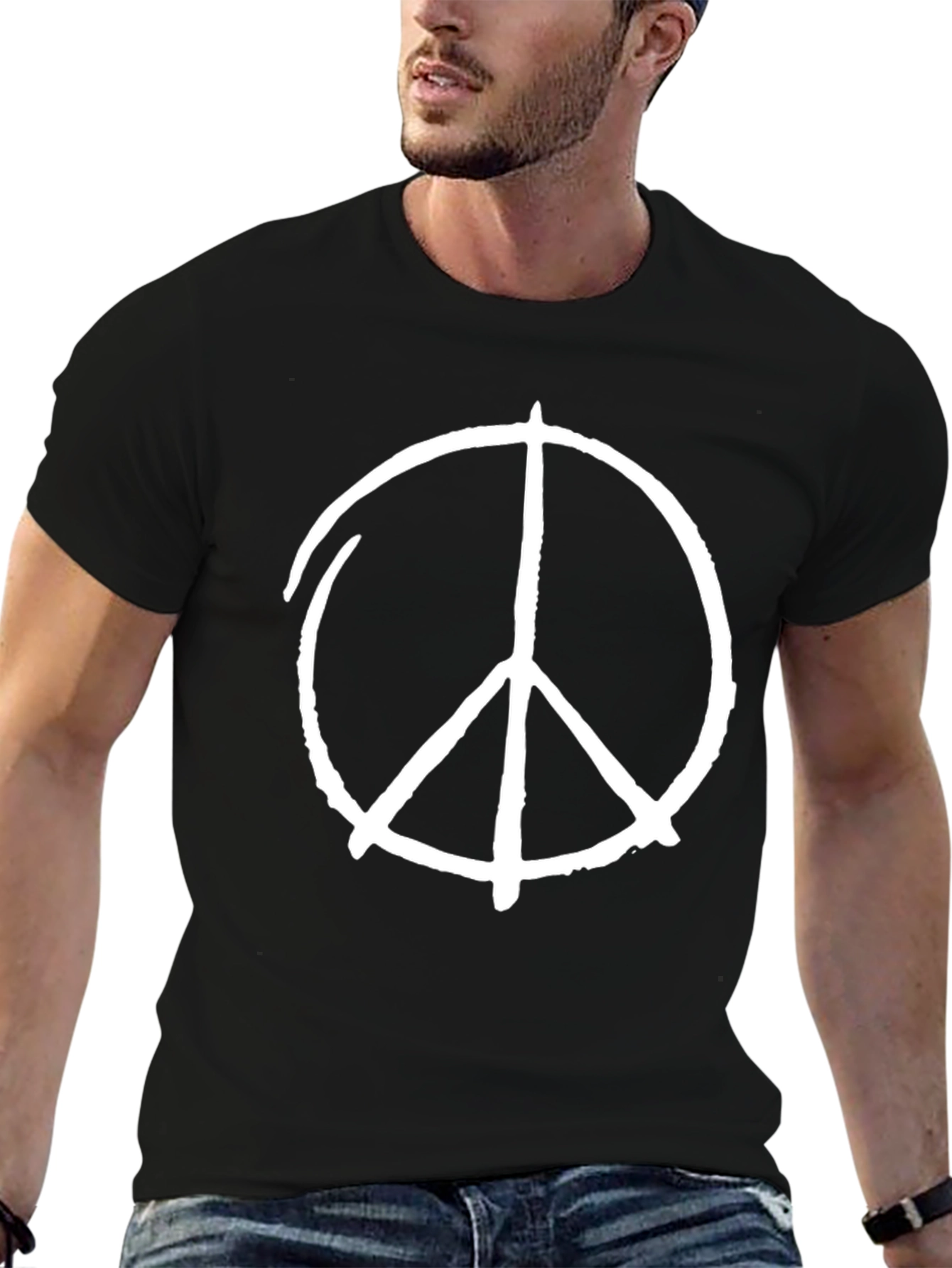 Peace Sign Graphic Tee - Black Cotton Casual T-Shirt