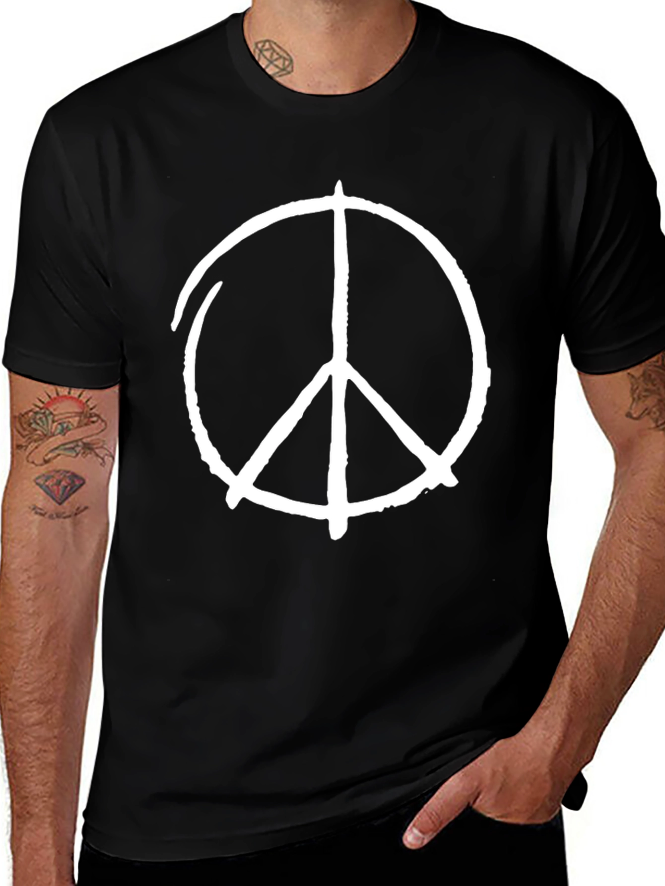 Peace Sign Graphic Tee - Black Cotton Casual T-Shirt