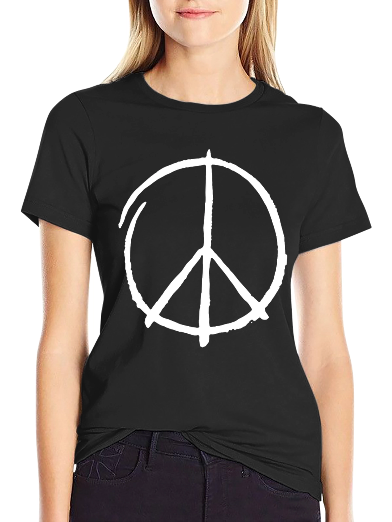 Peace Sign Graphic Tee - Black Cotton Casual T-Shirt