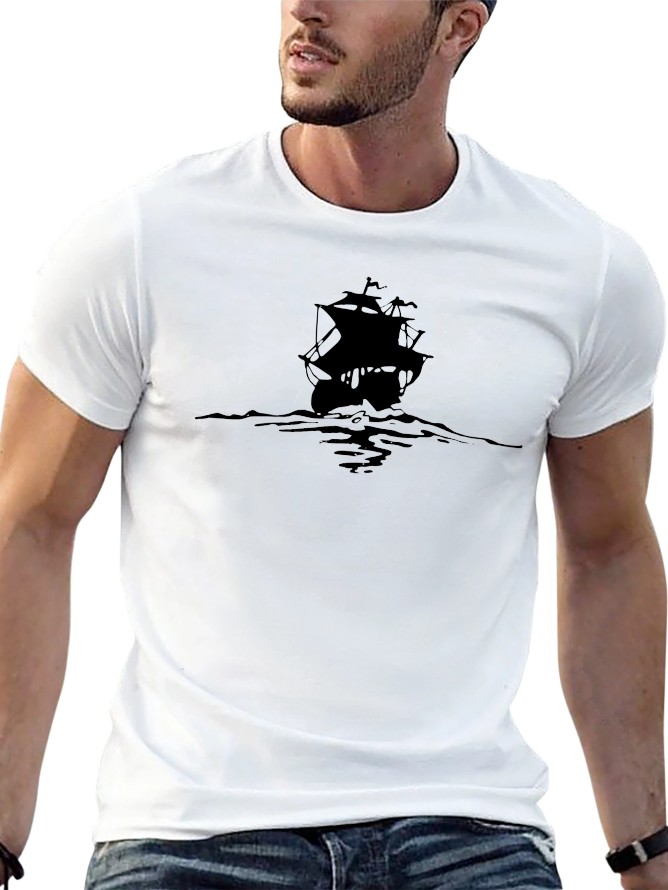 Pirate Ship Graphic Tee - Black Cotton T-Shirt