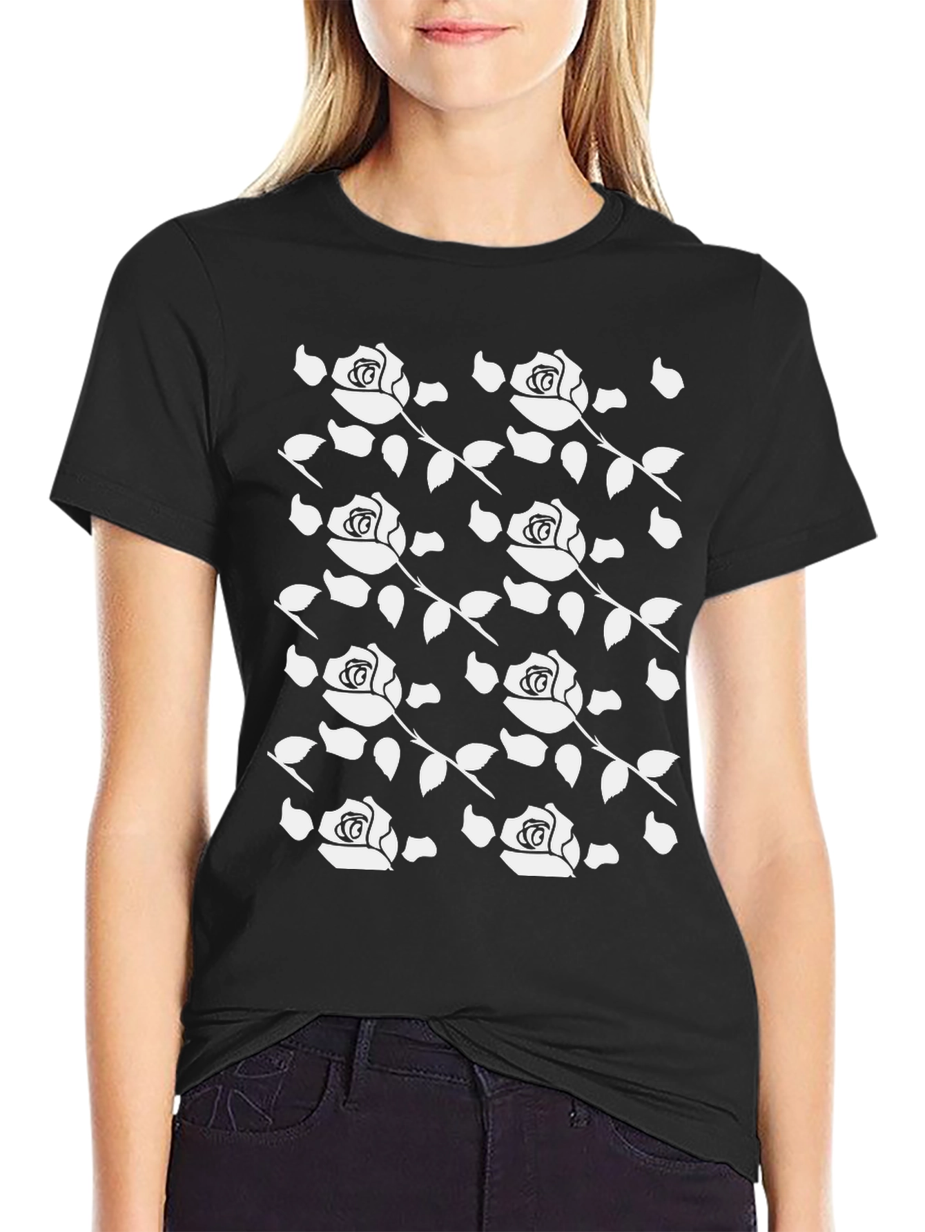 Rose Pattern Black T-Shirt