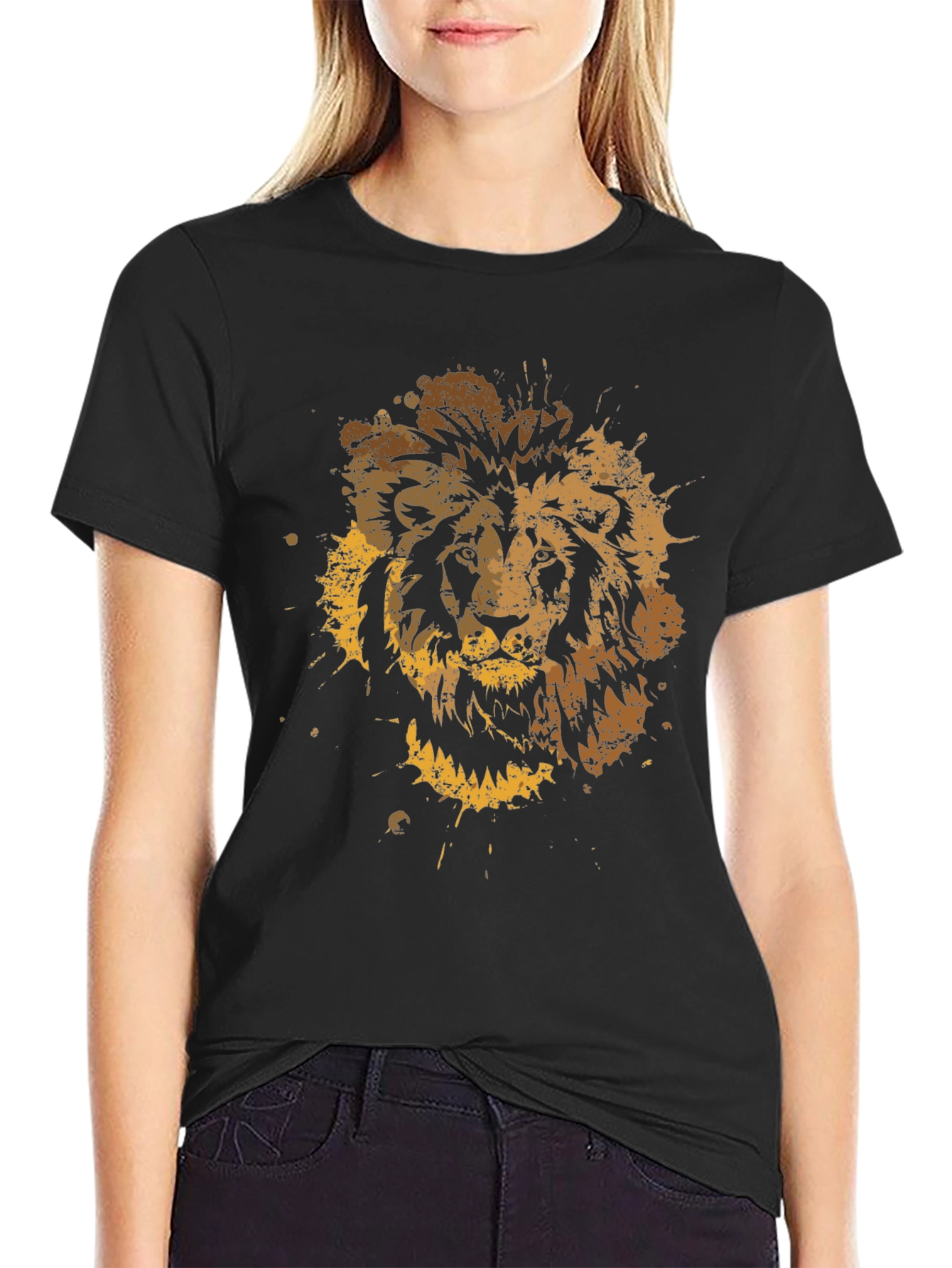 Lion Splatter Graphic Mens Black T-Shirt