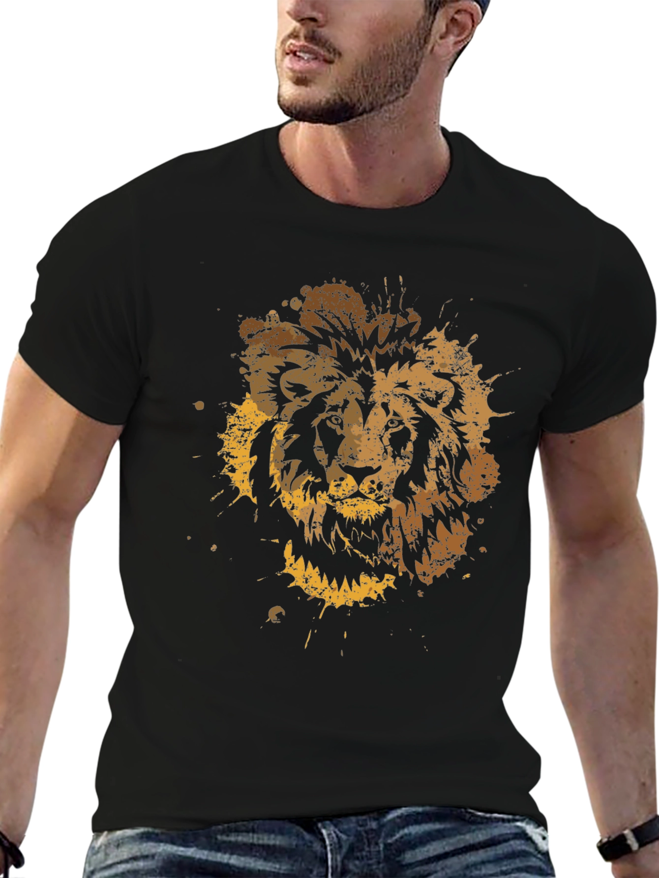 Lion Splatter Graphic Mens Black T-Shirt