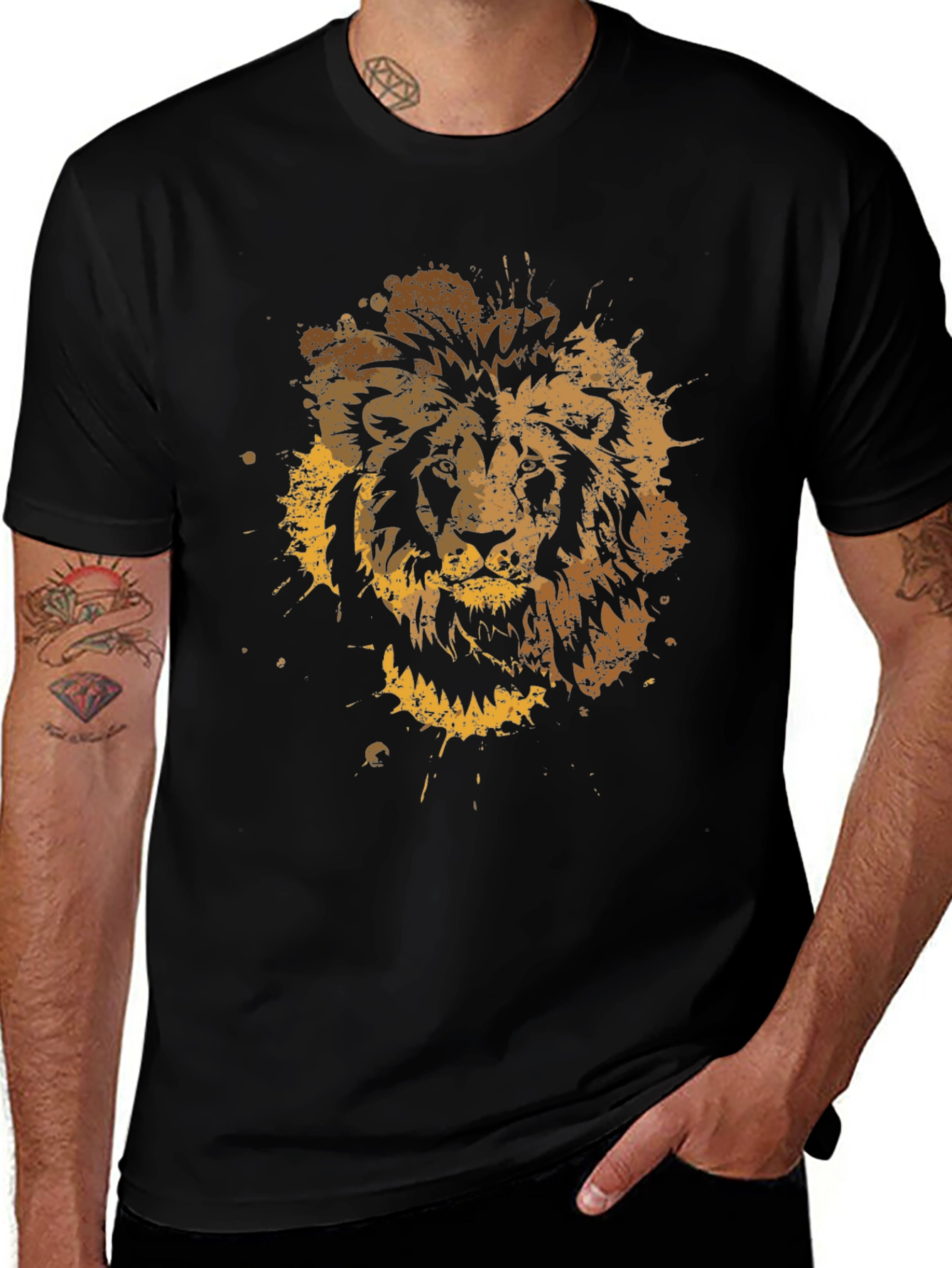 Lion Splatter Graphic Mens Black T-Shirt