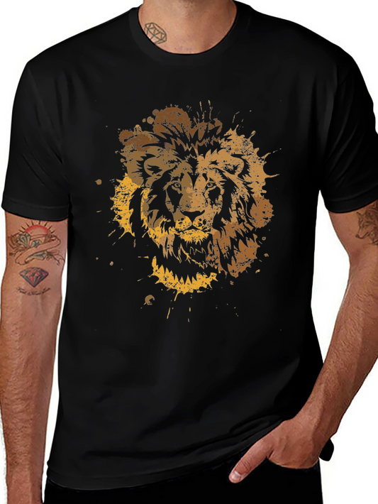 Lion Splatter Graphic Mens Black T-Shirt