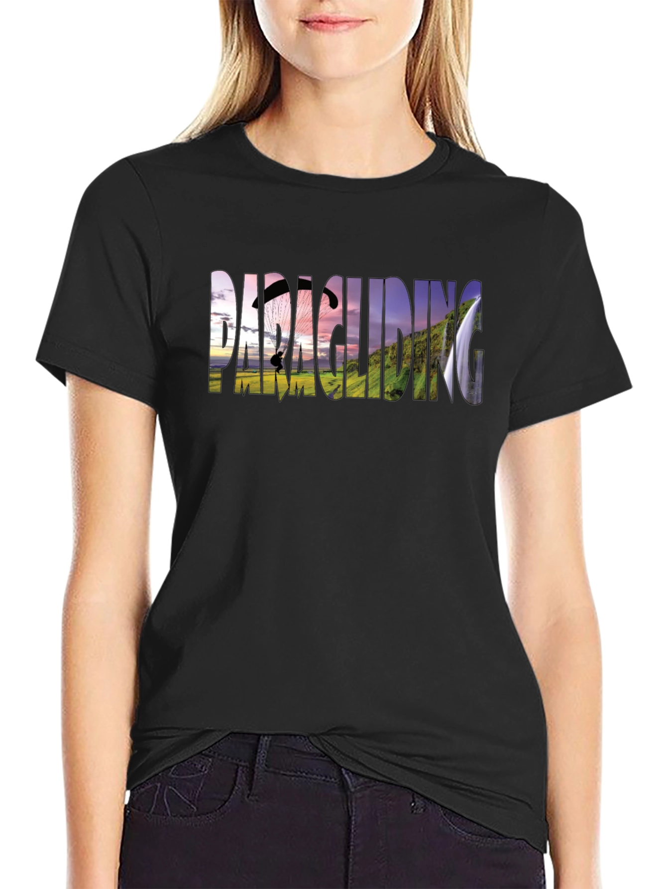 Paragliding Graphic Print Black T-Shirt