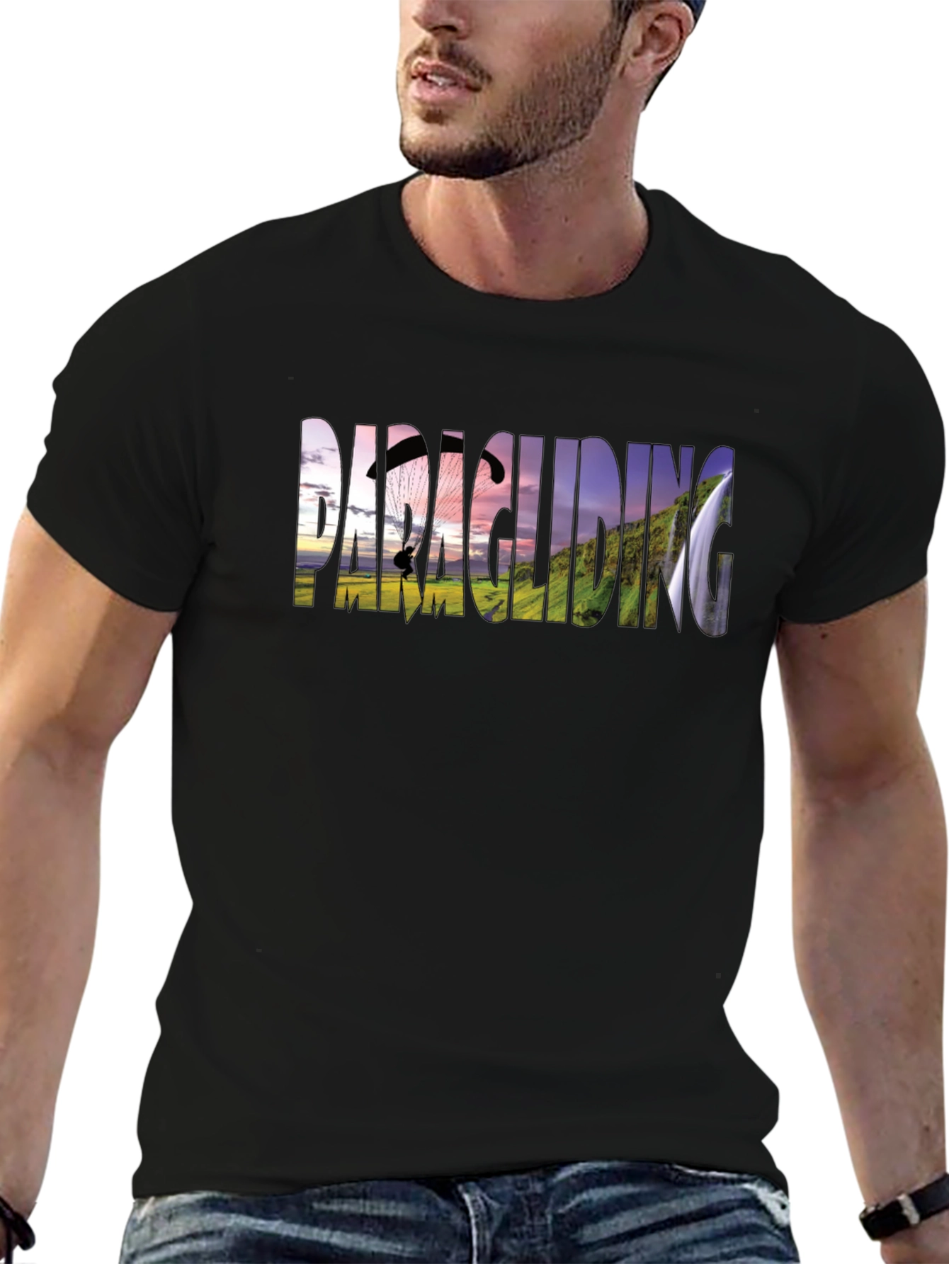 Paragliding Graphic Print Black T-Shirt