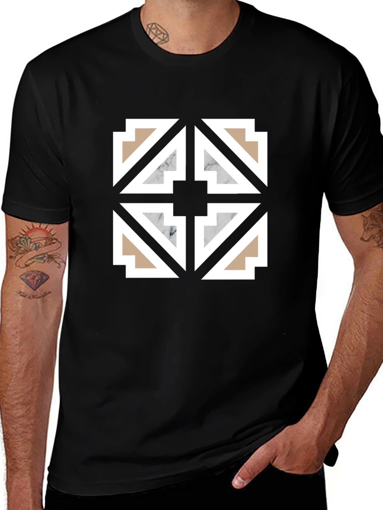 Geometric Tile Pattern Black T-Shirt