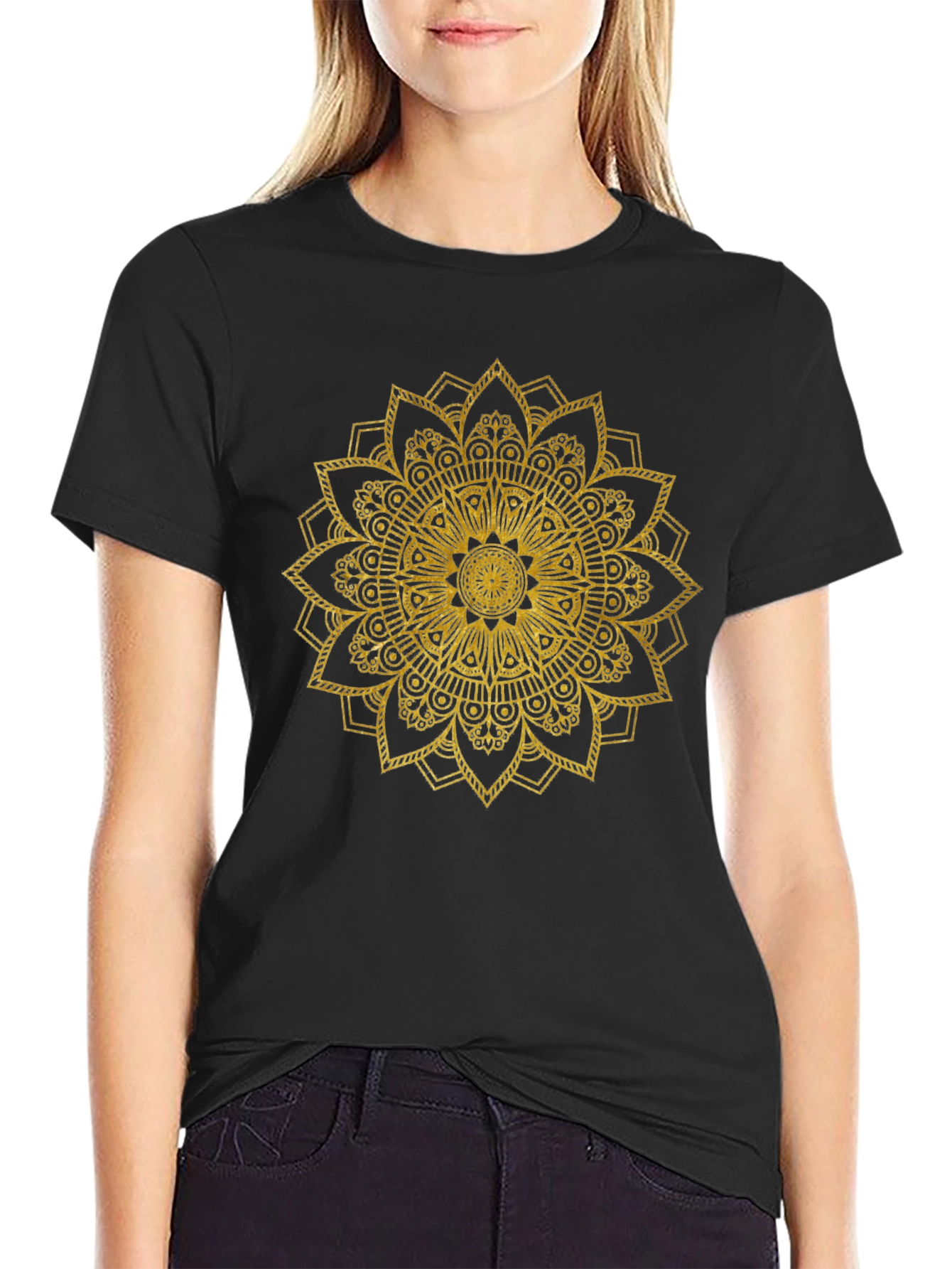 Gold Mandala Print Black T-Shirt