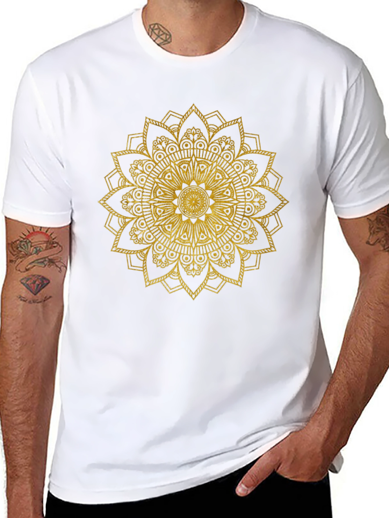 Gold Mandala Print Black T-Shirt