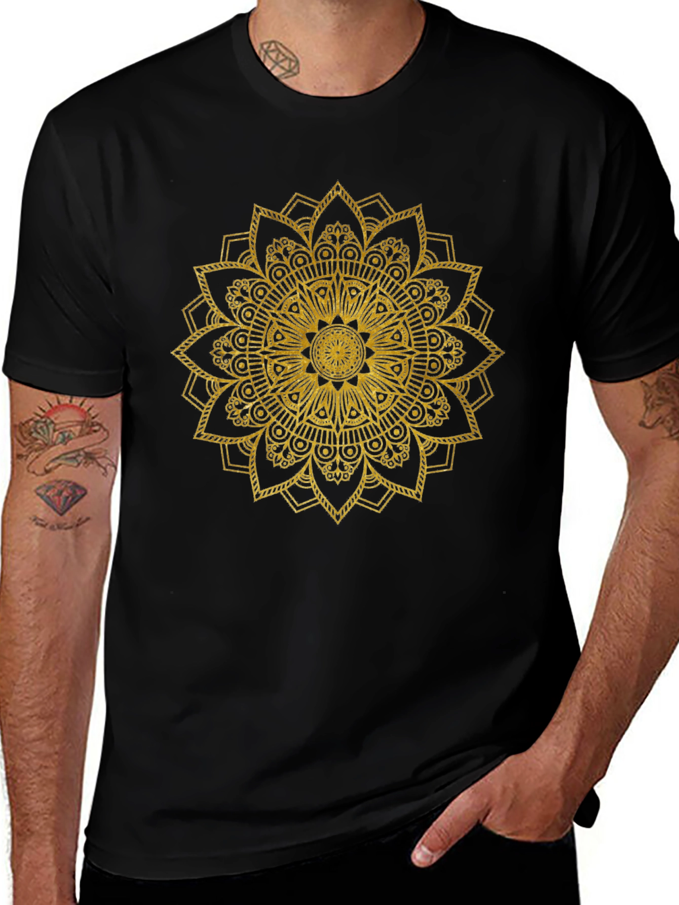 Gold Mandala Print Black T-Shirt