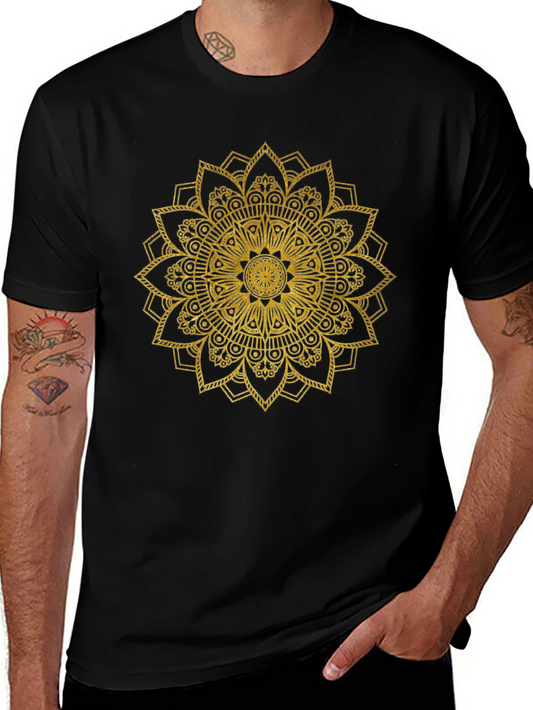 Gold Mandala Print Black T-Shirt