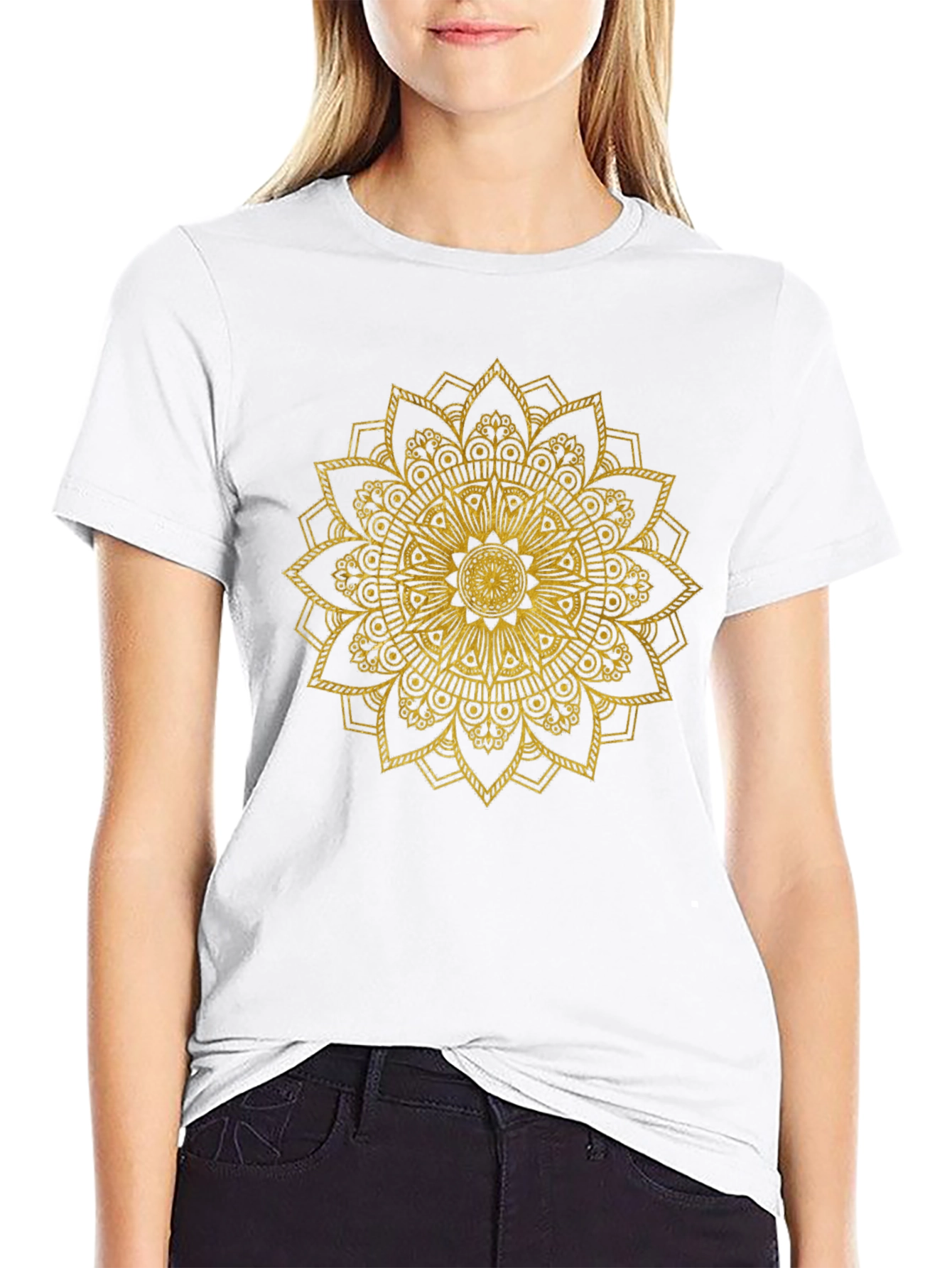 Gold Mandala Print Black T-Shirt