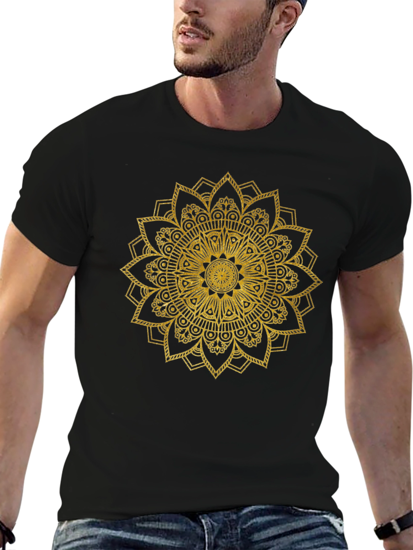 Gold Mandala Print Black T-Shirt