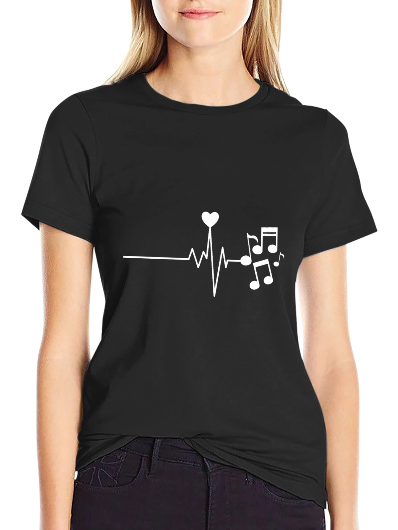 Heartbeat Music Note Graphic T-Shirt - Black