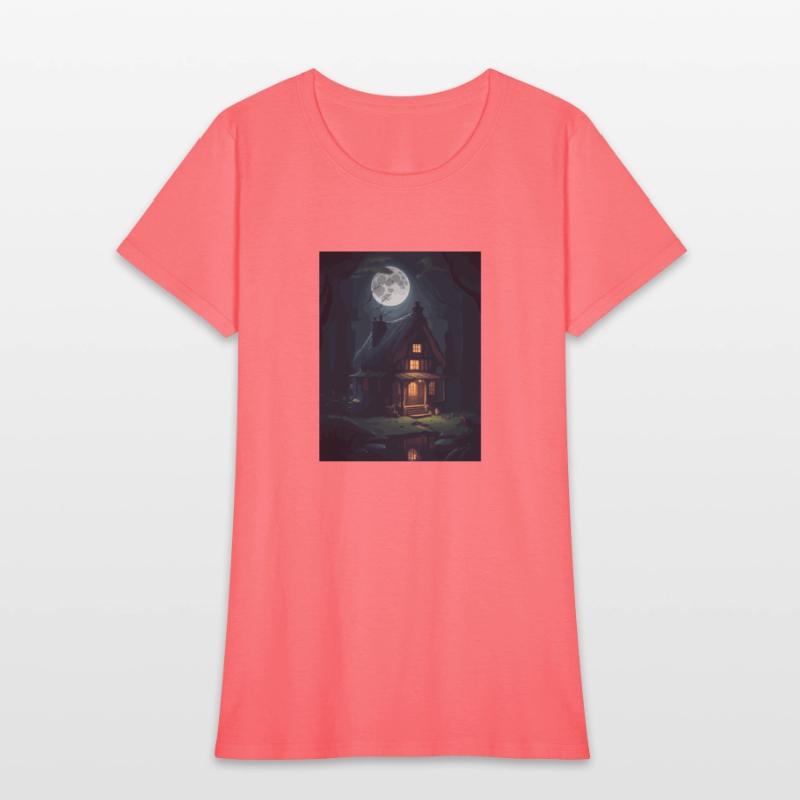 Lonely Old Stylized Cottage in Spooky Jungle Night