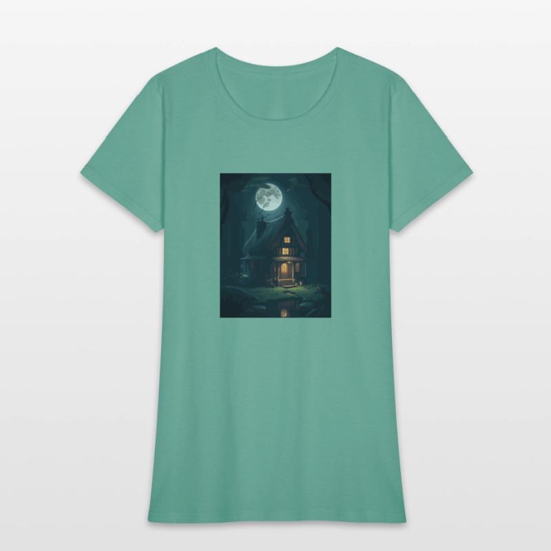 Lonely Old Stylized Cottage in Spooky Jungle Night