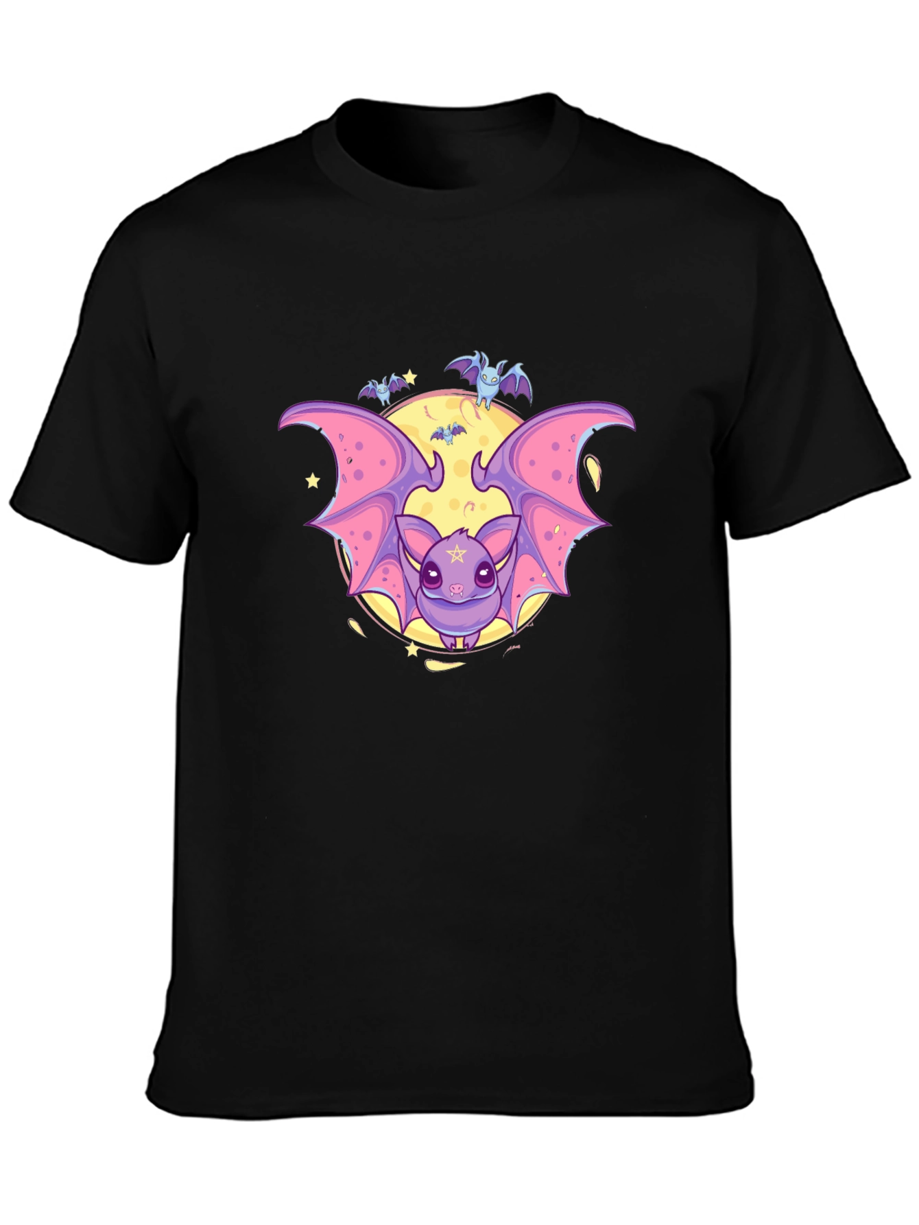 Cute Cartoon Bat Graphic Black T-Shirt