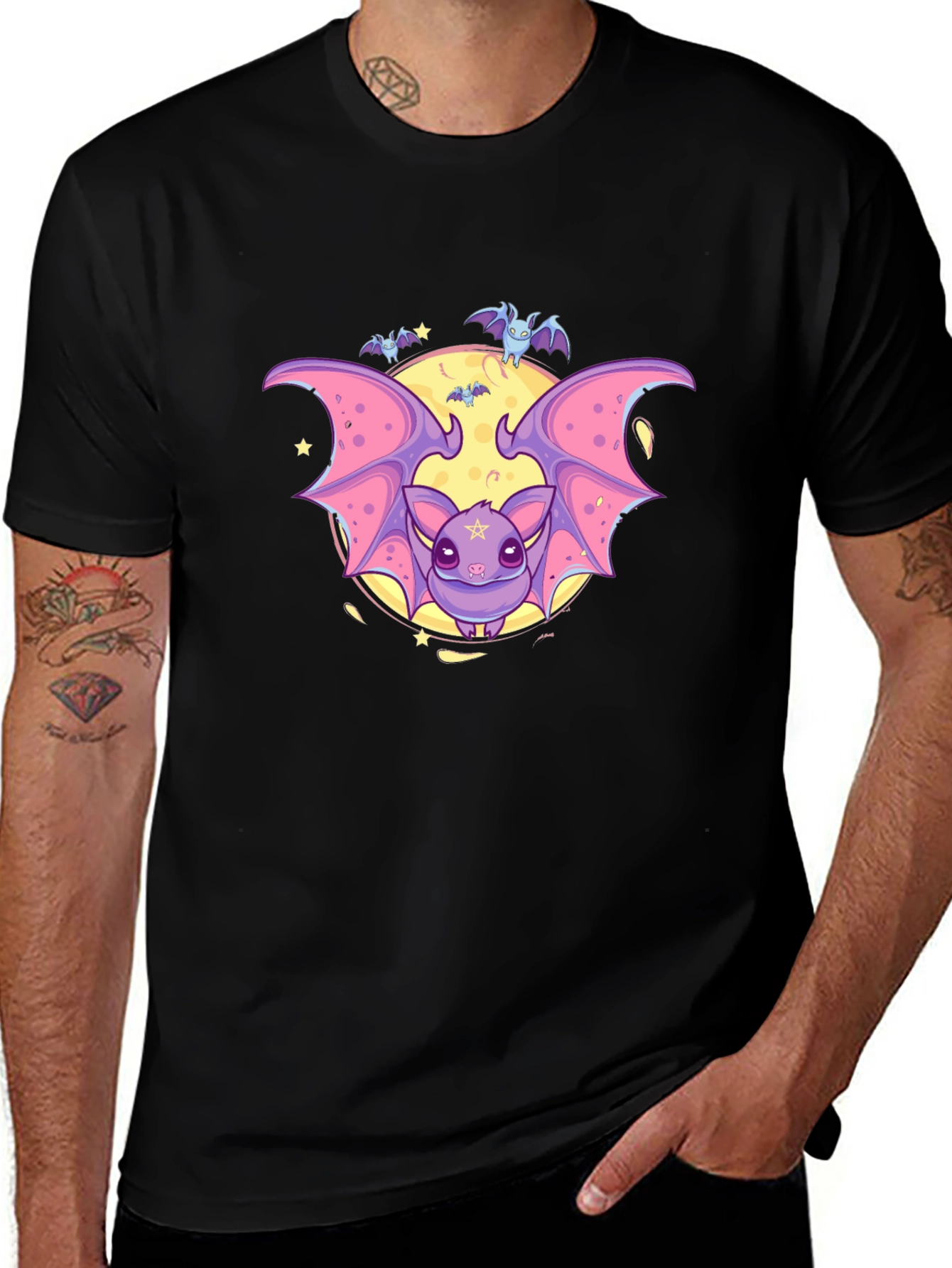 Cute Cartoon Bat Graphic Black T-Shirt