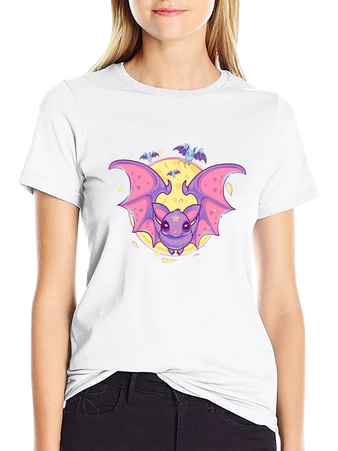 Cute Cartoon Bat Graphic Black T-Shirt