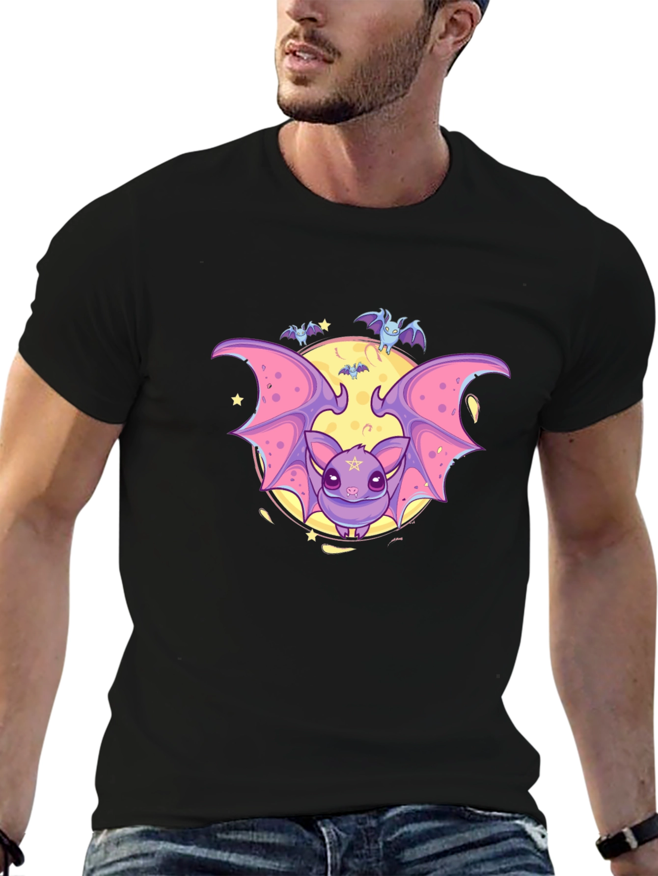 Cute Cartoon Bat Graphic Black T-Shirt