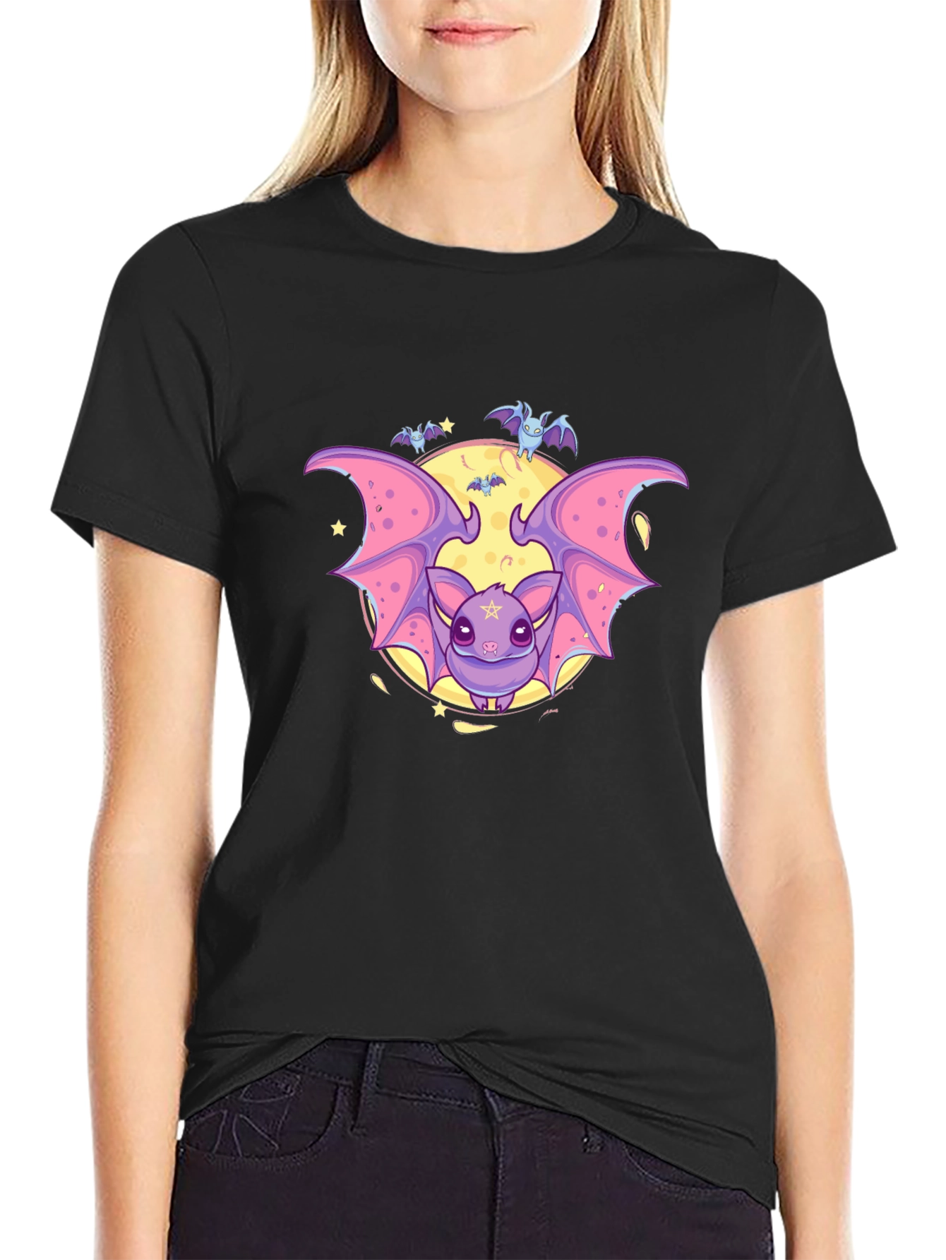 Cute Cartoon Bat Graphic Black T-Shirt