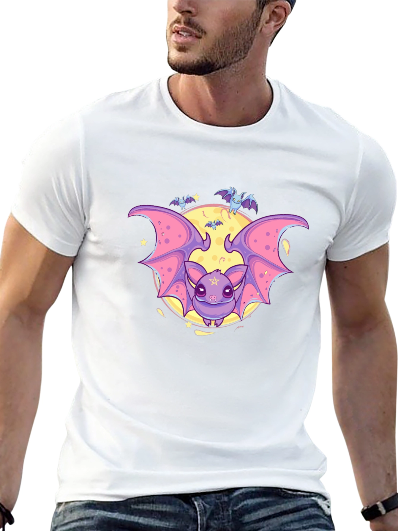Cute Cartoon Bat Graphic Black T-Shirt