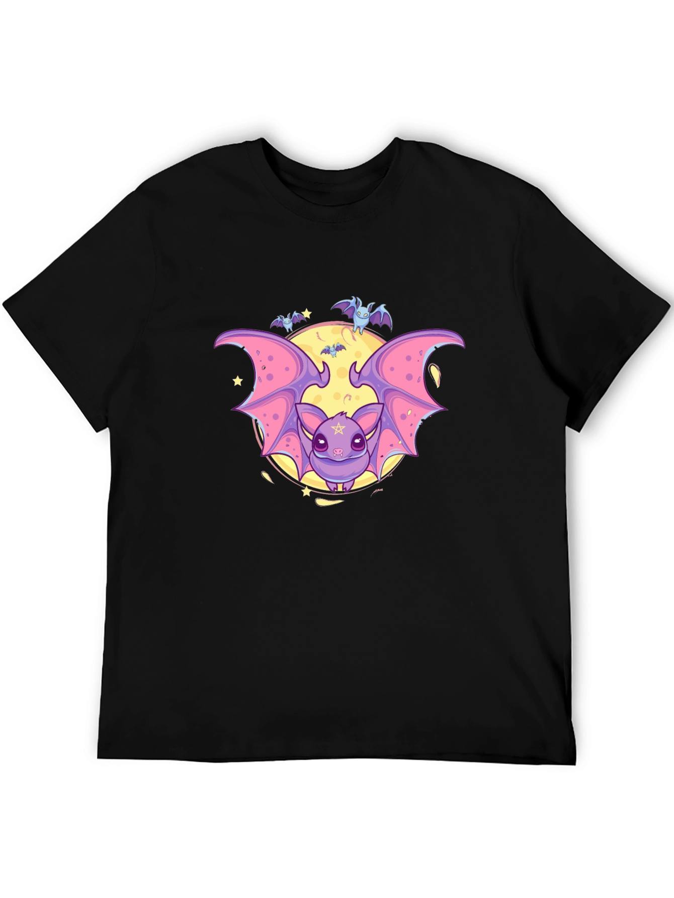 Cute Cartoon Bat Graphic Black T-Shirt