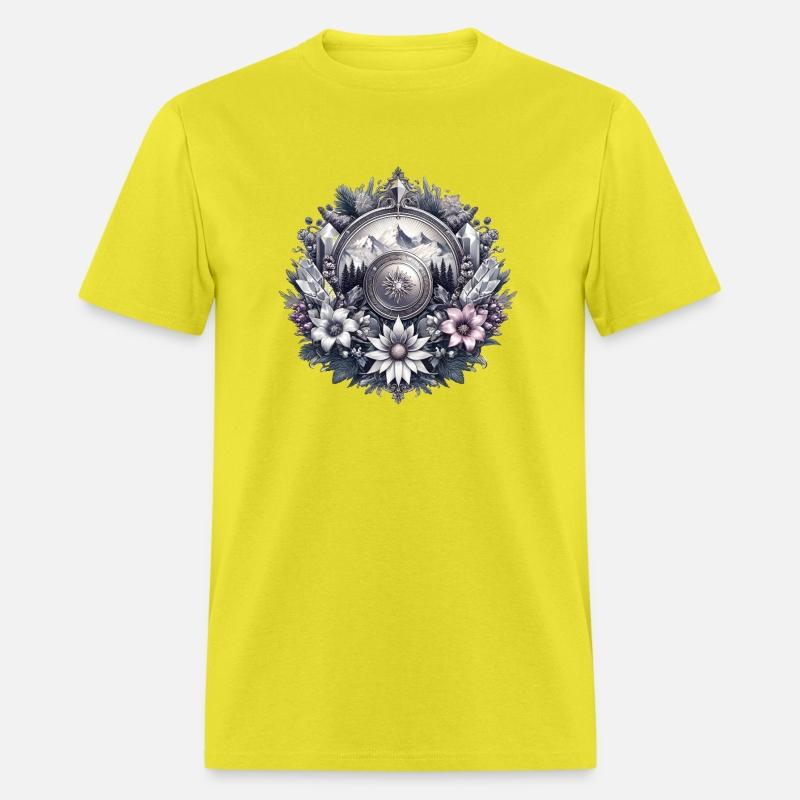 Medallion with majestic mountains and flowers