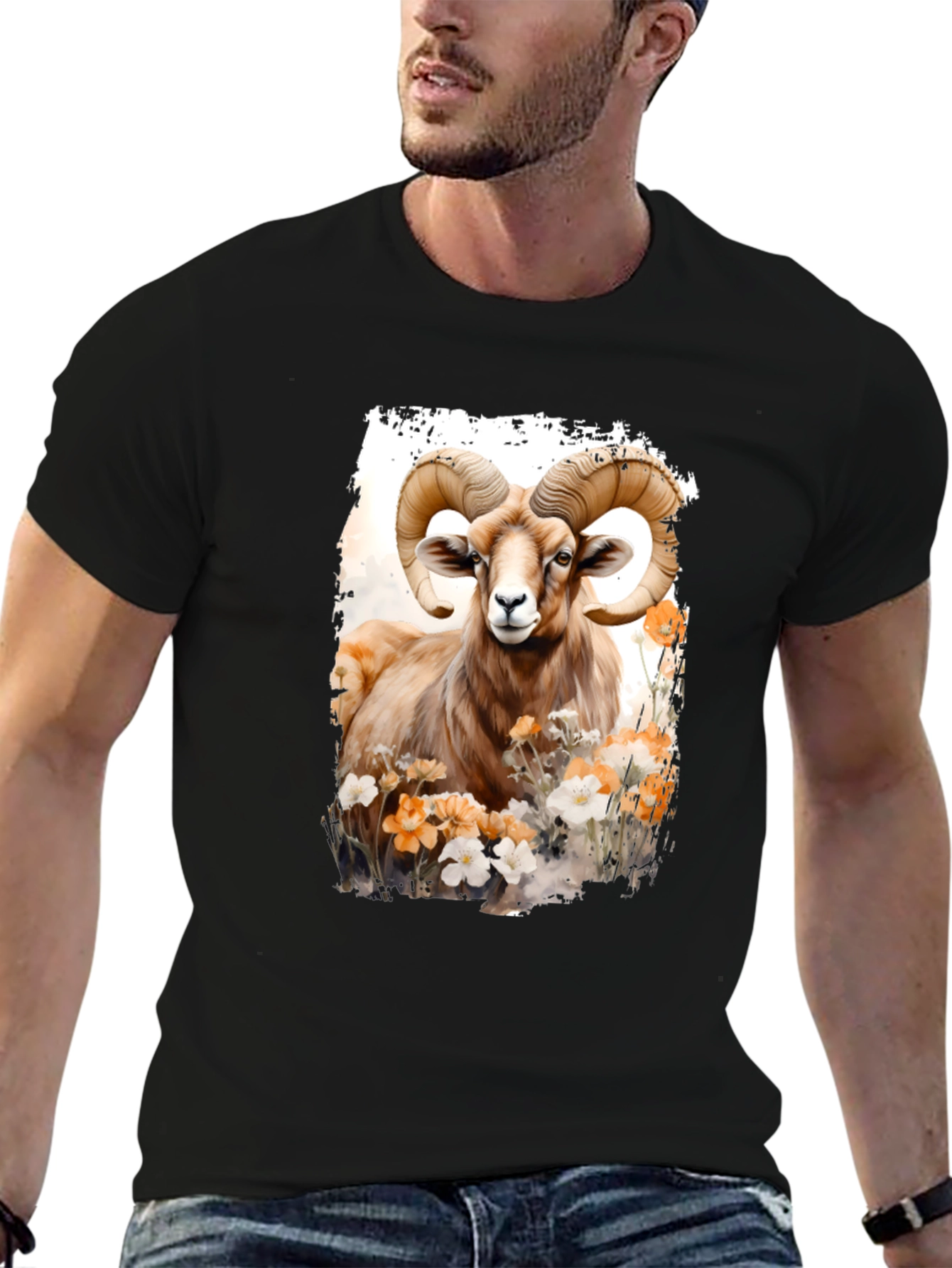 Ram Animal Floral Graphic Print Black Tee