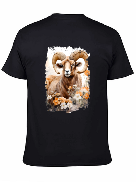 Ram Animal Floral Graphic Print Black Tee