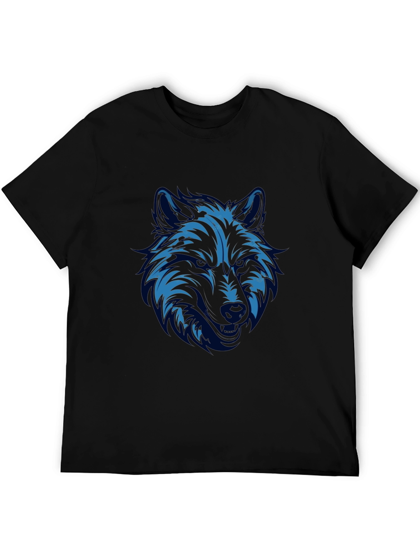 Blue Wolf Graphic Print Black T-Shirt
