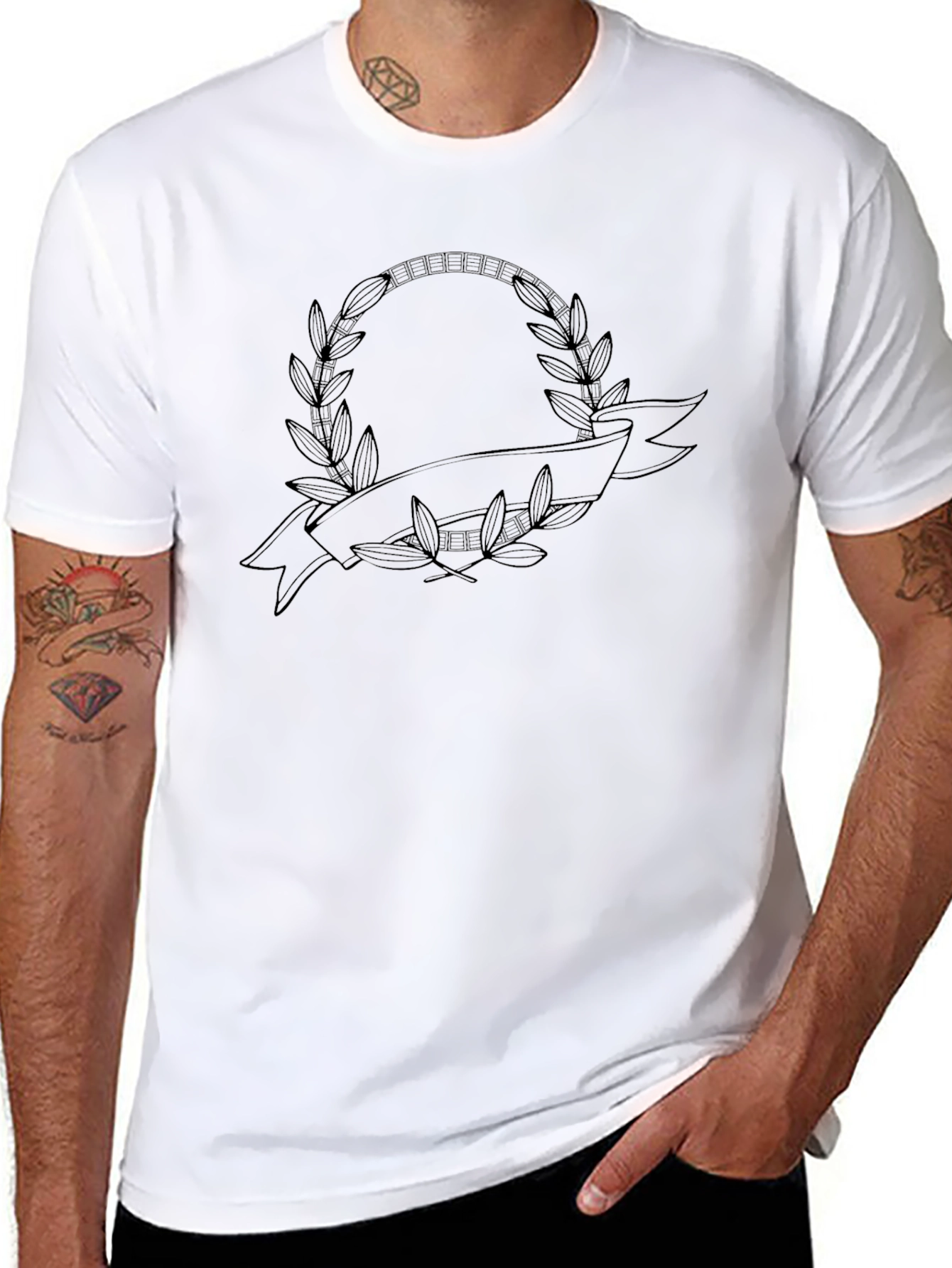Black Graphic Tee with Laurel Wreath Design