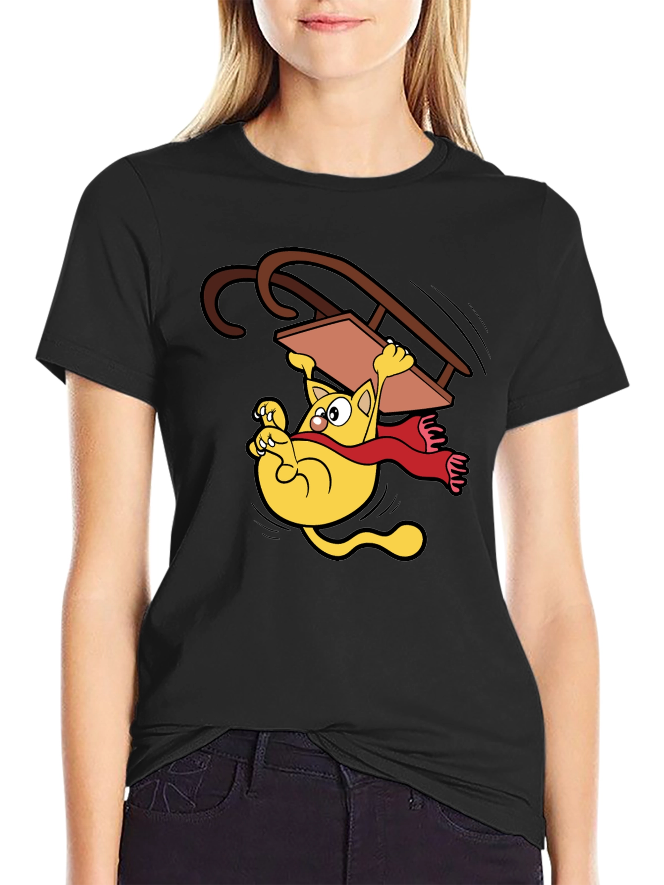 Funny Cat Sledding Graphic Tee -  Black Unisex T-Shirt