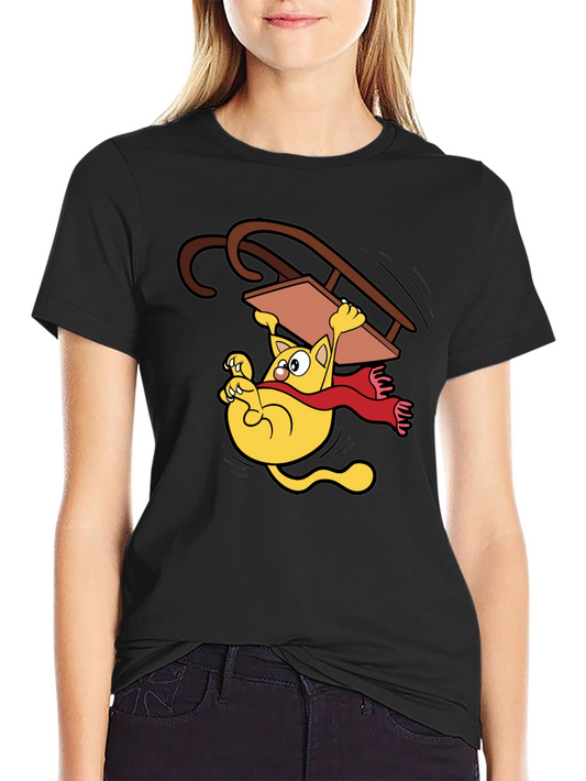 Funny Cat Sledding Graphic Tee -  Black Unisex T-Shirt