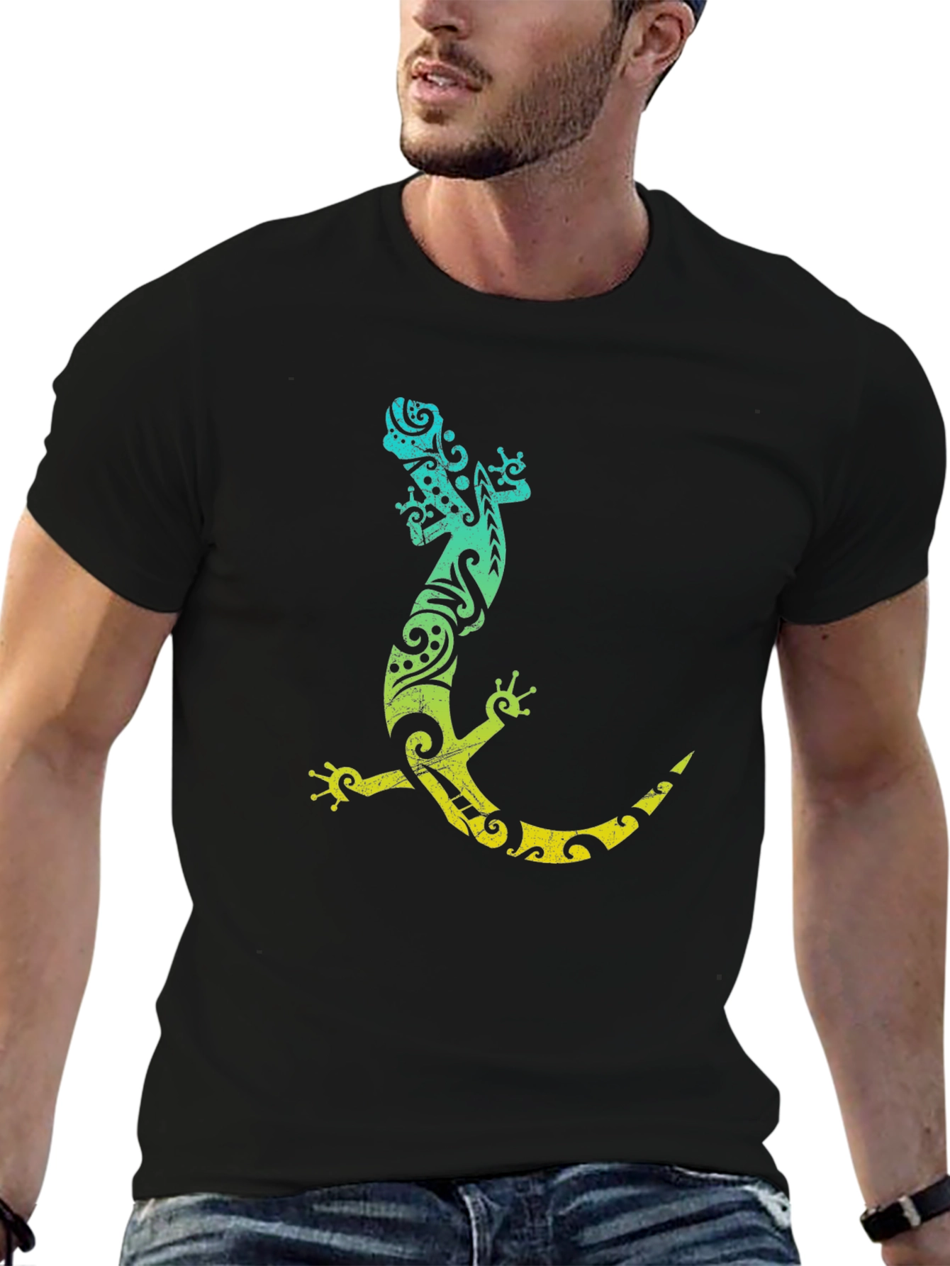Tribal Gecko Graphic Tee - Black Cotton T-Shirt
