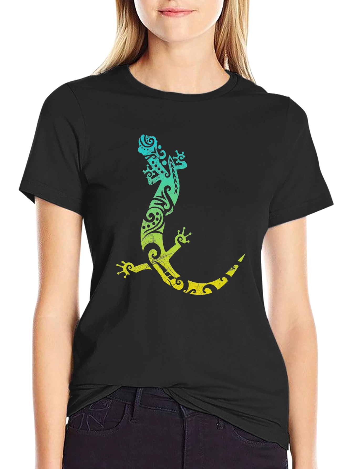 Tribal Gecko Graphic Tee - Black Cotton T-Shirt