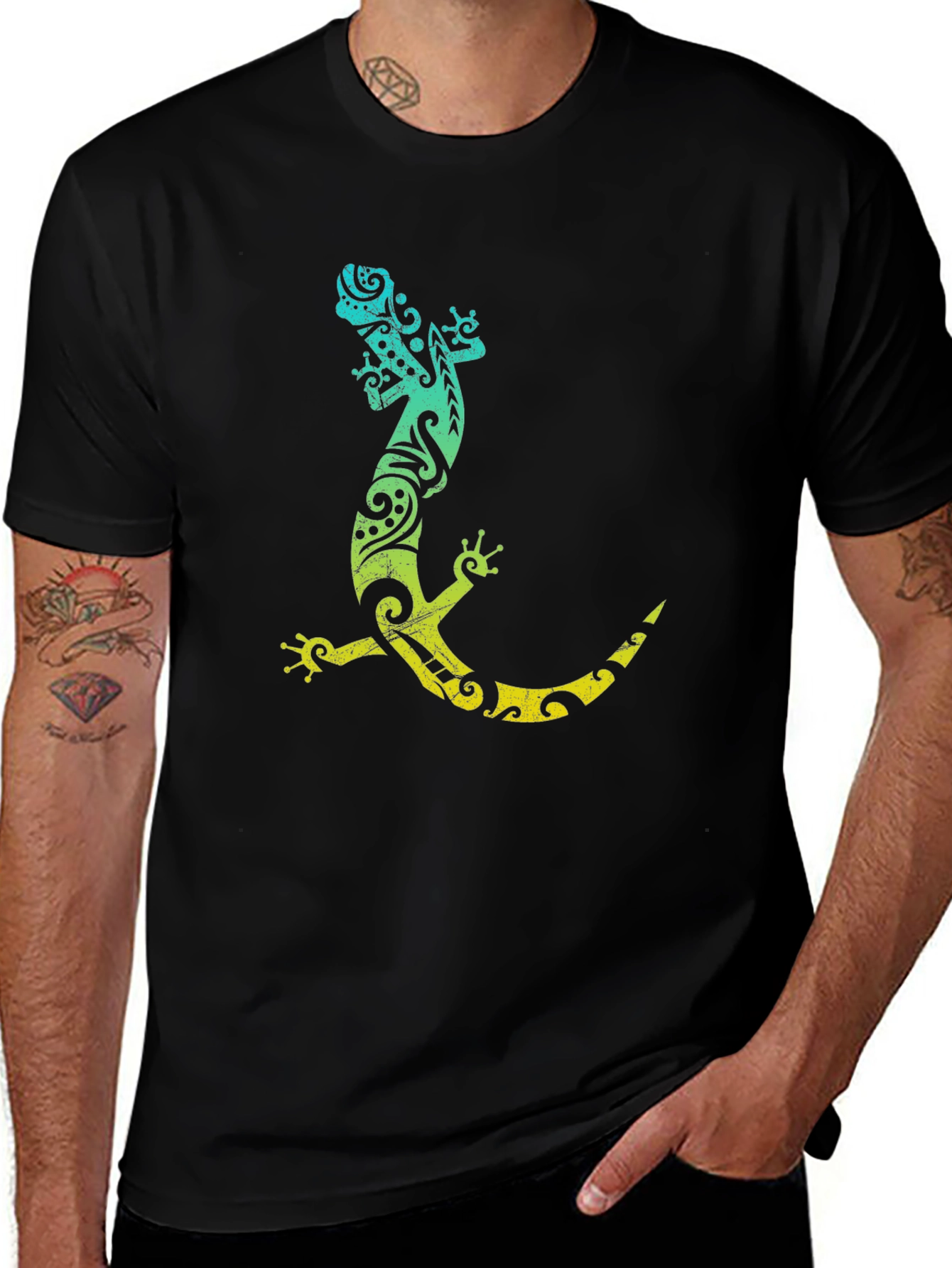 Tribal Gecko Graphic Tee - Black Cotton T-Shirt