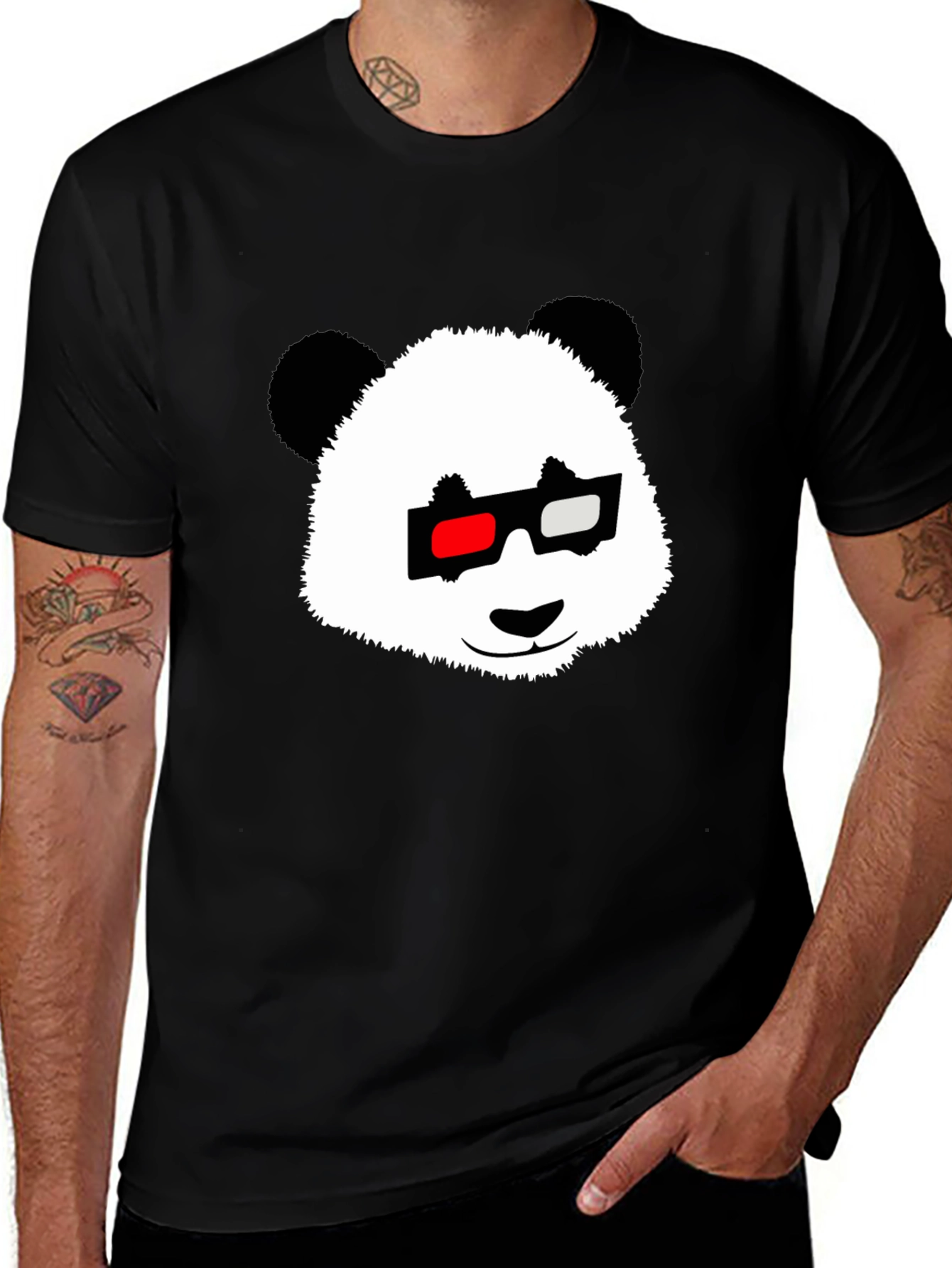 Panda with 3D Glasses Black T-Shirt