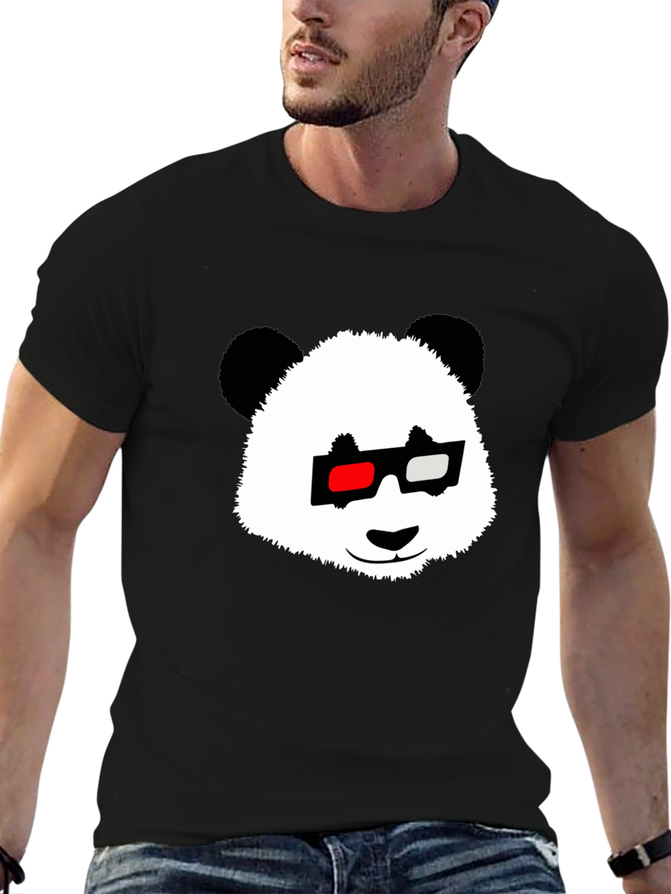 Panda with 3D Glasses Black T-Shirt