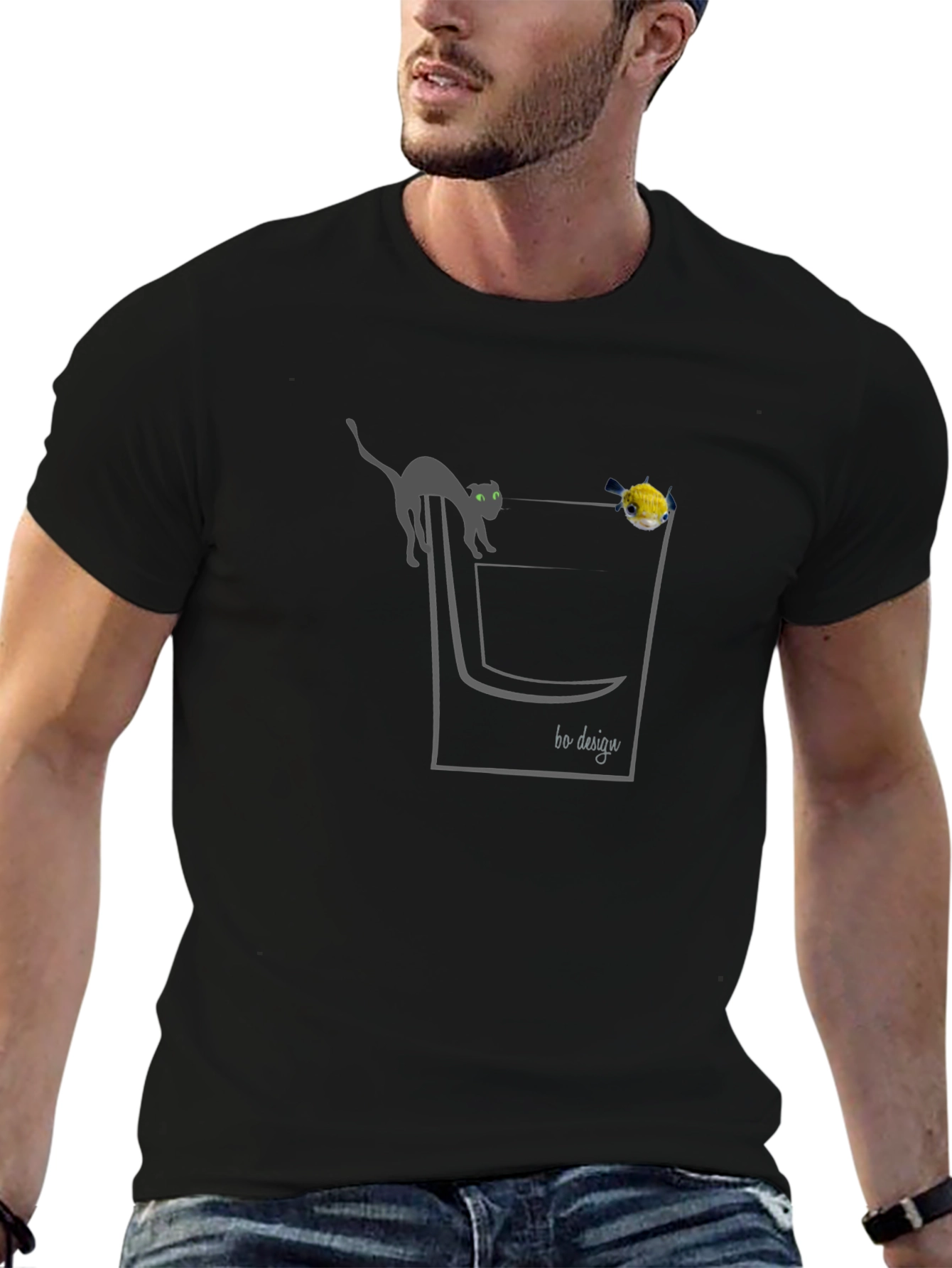 Cat & Fish Pocket Graphic T-Shirt - Black