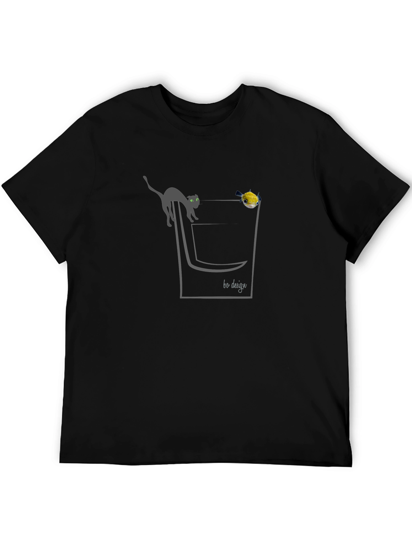 Cat & Fish Pocket Graphic T-Shirt - Black