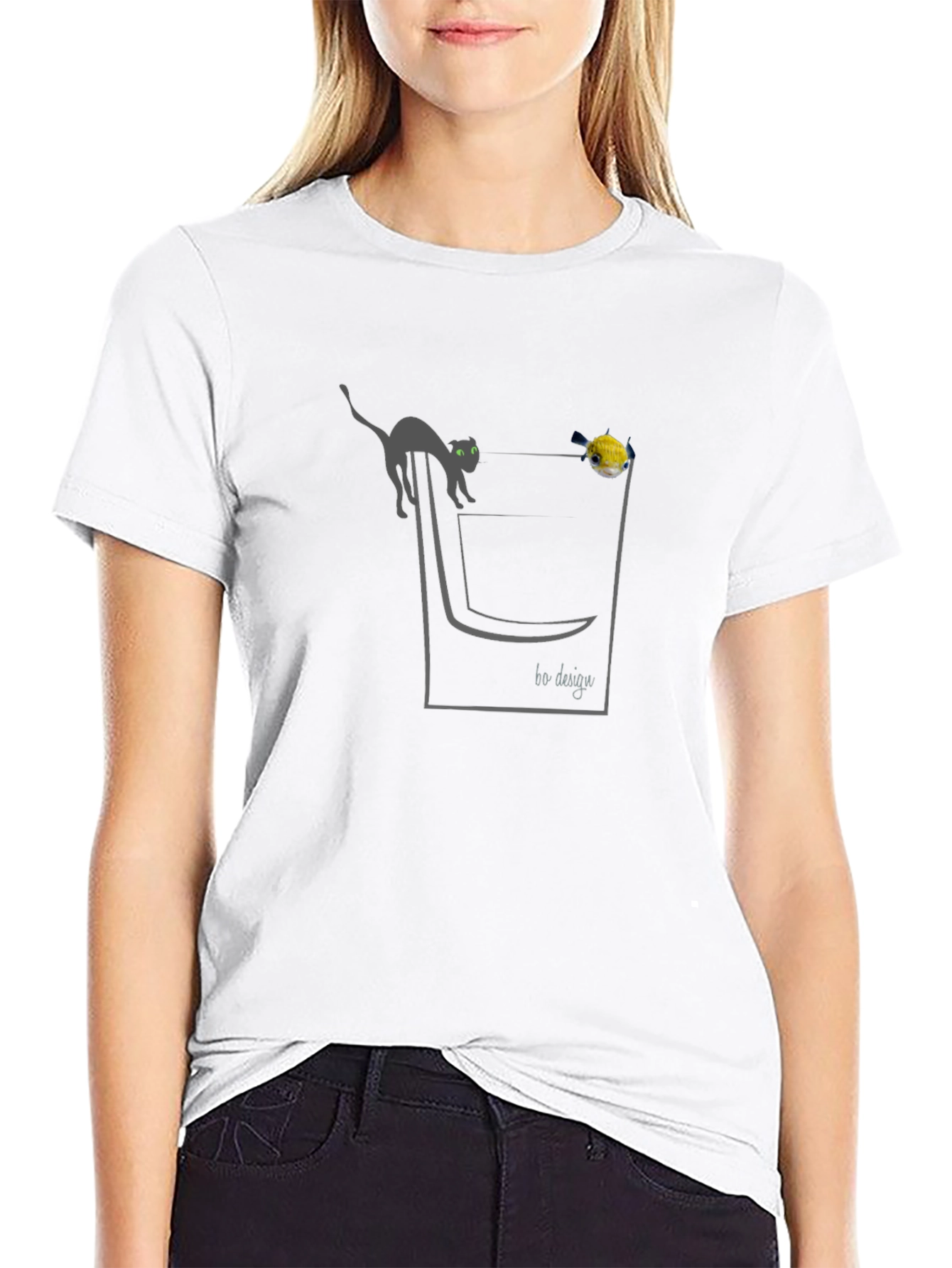 Cat & Fish Pocket Graphic T-Shirt - Black