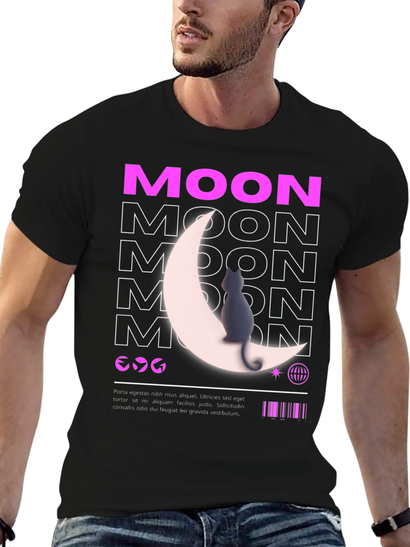 Moon Cat Graphic T-Shirt - Stylish Black Tee