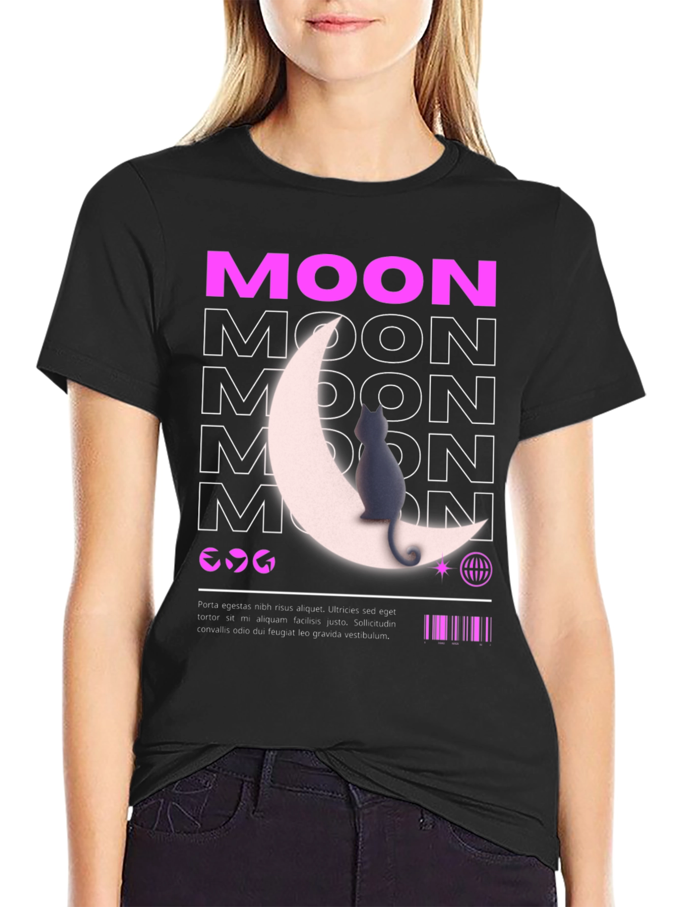 Moon Cat Graphic T-Shirt - Stylish Black Tee